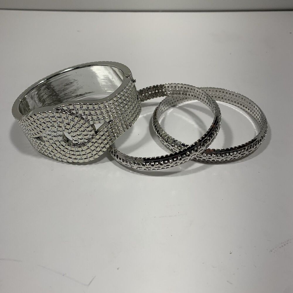Silver Tone Textured Cuff Bracelet W/ 2 Matching Bangles -Modern Statement Jewel
